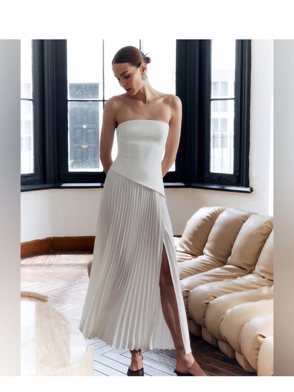 Commense Strapless Cream Pleated Midi Dress with Side Slit
